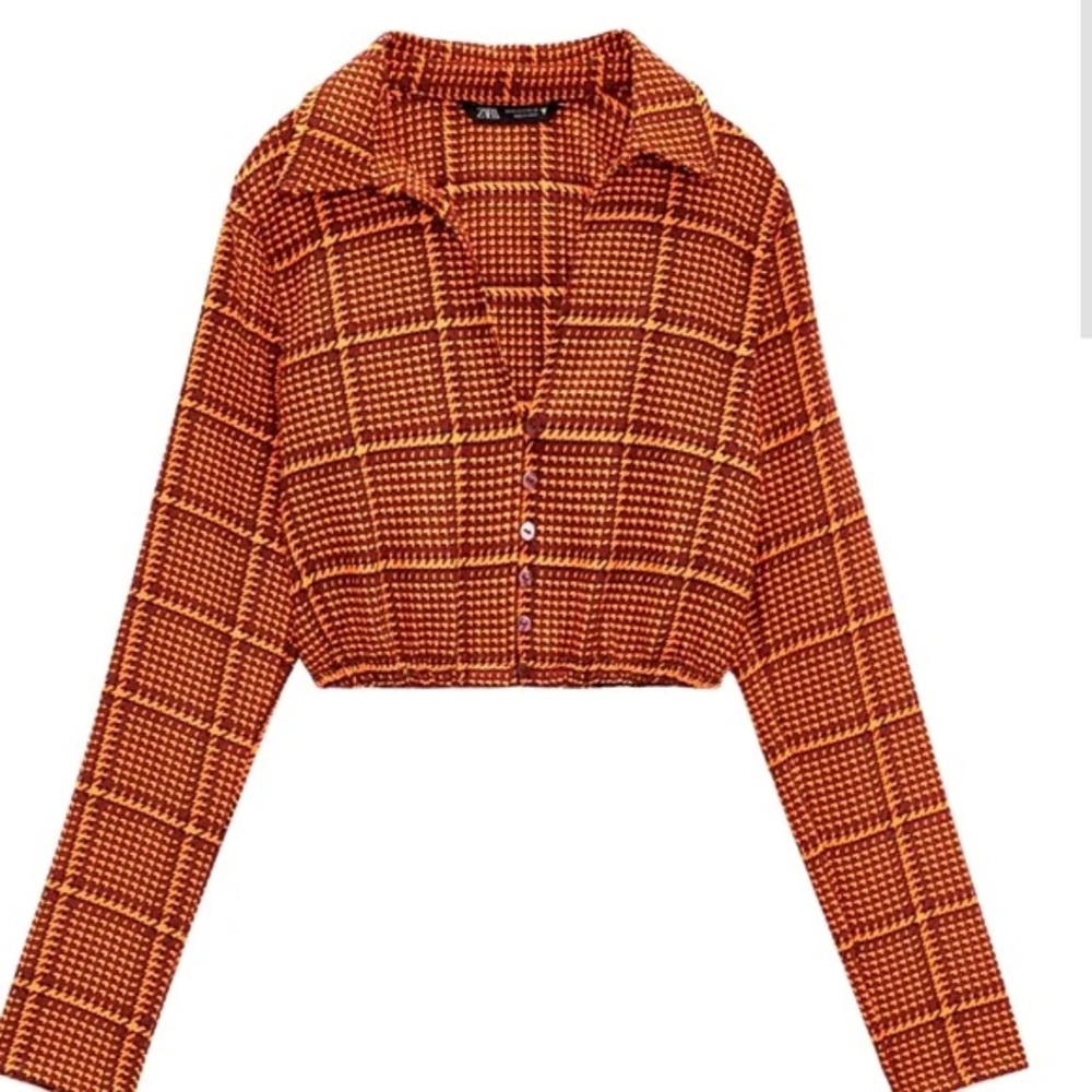 Zara Women's Orange Checkered Button Down Crop Shirt